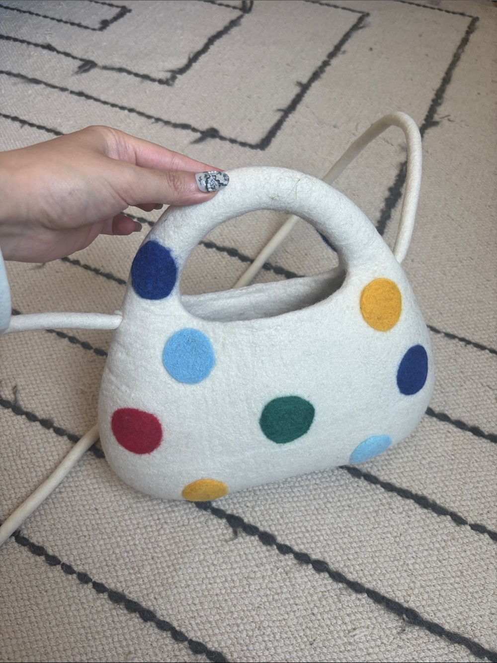 White Felt Polka Dot Handbag with Multicolor Accents